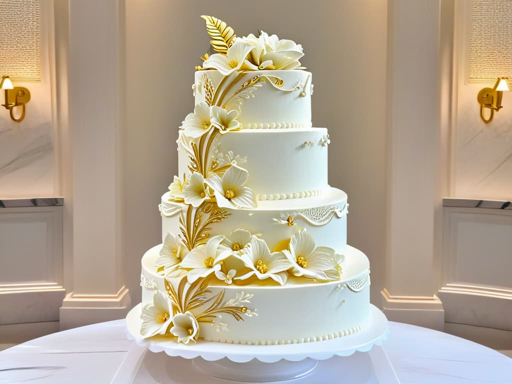  An ultradetailed image of a beautifully styled and intricately decorated multitiered wedding cake, featuring delicate sugar flowers, intricate piping details, and shimmering edible gold accents. The cake is displayed on a sleek, modern marble countertop, with soft, diffused lighting that highlights every meticulous detail and texture of the confection. This image exudes elegance, sophistication, and craftsmanship, making it a perfect fit for a professional and inspiring article on social media profile optimization for pastry chefs. hyperrealistic, full body, detailed clothing, highly detailed, cinematic lighting, stunningly beautiful, intricate, sharp focus, f/1. 8, 85mm, (centered image composition), (professionally color graded), ((bright soft diffused light)), volumetric fog, trending on instagram, trending on tumblr, HDR 4K, 8K