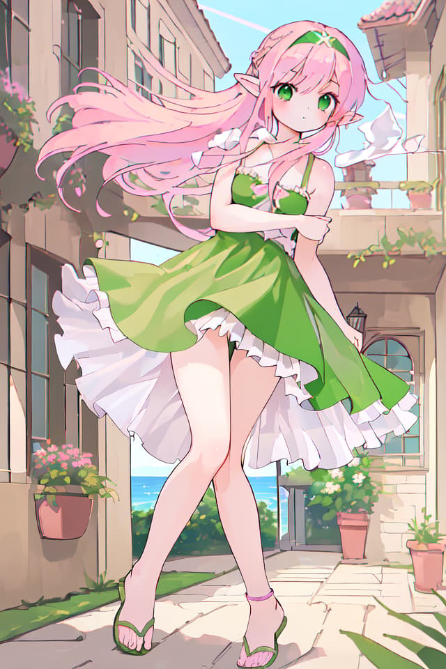  (Best masterpiece: 1.5),(Highest image quality),(Super detail),(Super precision),(Super beautiful CG),(8K),1girl,elf,solo,green eyes,pink hair,hair parted in the center ,（close up）,headband,ONE PIECE,sandals,hair blowing in the wind,balcony ,midday sunshine,