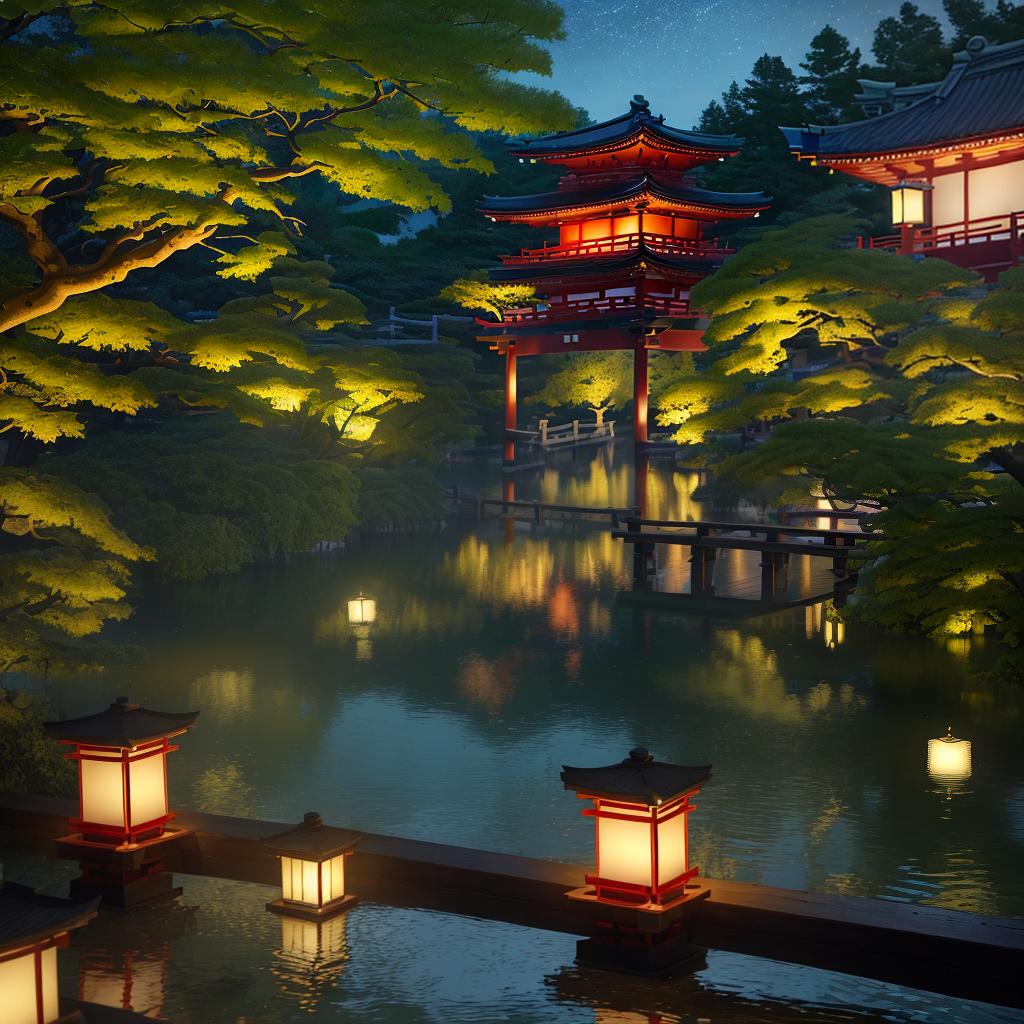  masterpiece, best quality, (fidelity:1.4), best quality, masterpiece, ultra high resolution, 8k resolution, night view inspired by Japanese art, featuring a garden illuminated by paper lanterns and a wooden bridge spanning a tranquil lake with a small Zen temple beside the lake.