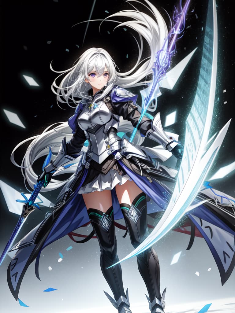  1 girl, armor, white hair, purple eyes, sword, wielding sword, blue flame, glowing weapon, light particles, wallpaper, color difference hyperrealistic, full body, detailed clothing, highly detailed, cinematic lighting, stunningly beautiful, intricate, sharp focus, f/1. 8, 85mm, (centered image composition), (professionally color graded), ((bright soft diffused light)), volumetric fog, trending on instagram, trending on tumblr, HDR 4K, 8K