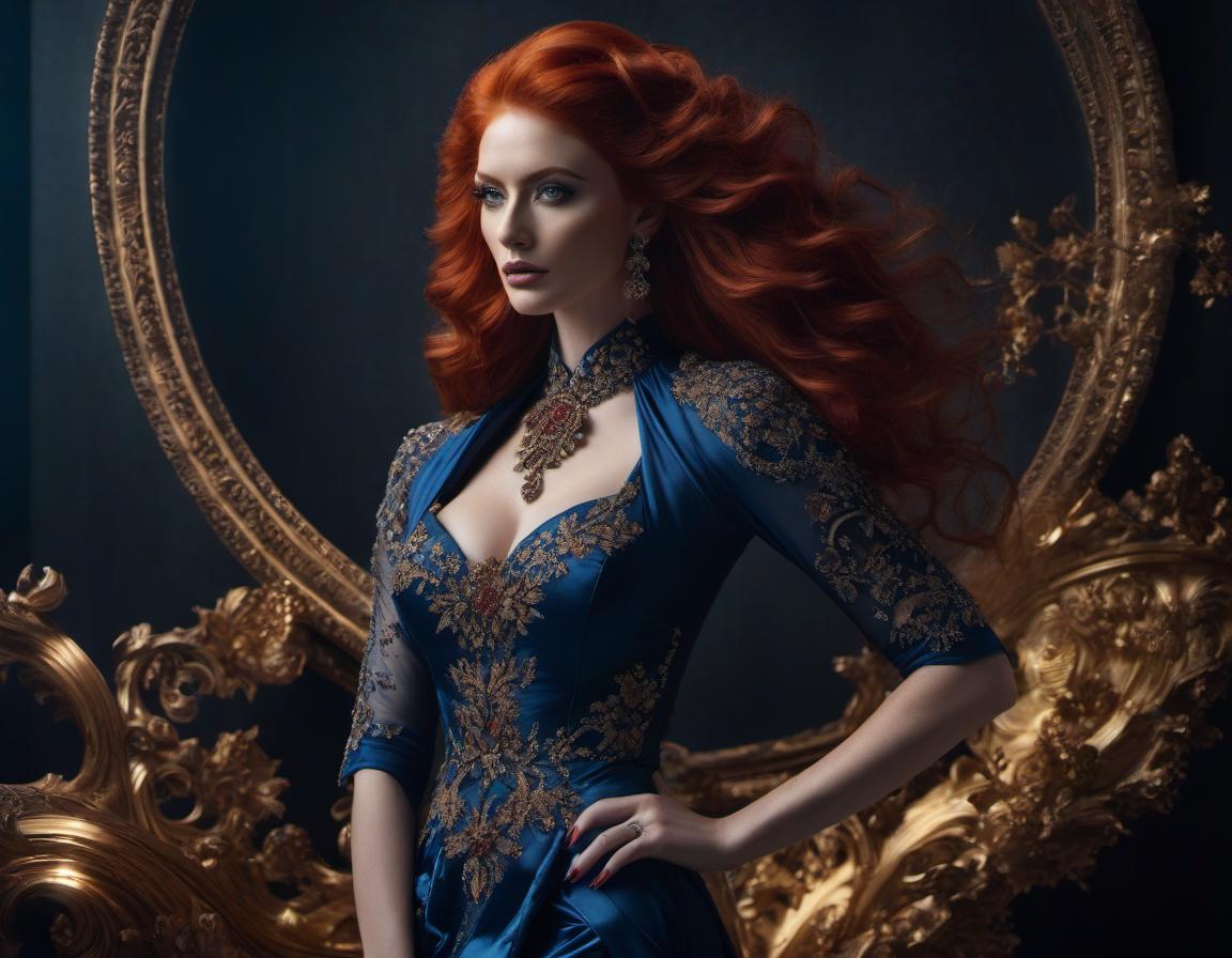  A striking digital artwork of a woman with voluminous red hair in an ornate blue dress, posing elegantly against a dark background. hyperrealistic, full body, detailed clothing, highly detailed, cinematic lighting, stunningly beautiful, intricate, sharp focus, f/1. 8, 85mm, (centered image composition), (professionally color graded), ((bright soft diffused light)), volumetric fog, trending on instagram, trending on tumblr, HDR 4K, 8K