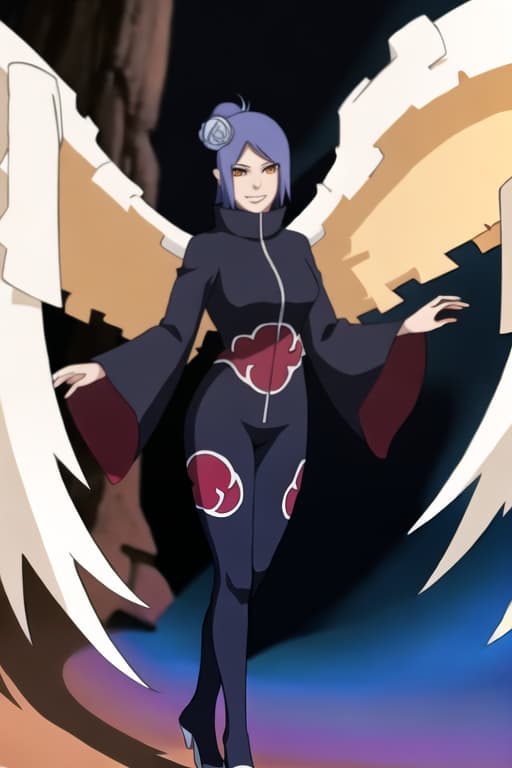  konan \(naruto\),(masterpiece, best quality:1.2), illustration, absurdres, highres, extremely detailed,Fairy_wings,multiple_tails,smiling face,fullbody
