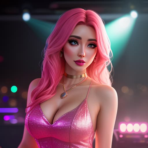  A girl DJ in a nightclub wearing a pink mini dress, with a beautiful makeup and a camera below with a blurred background. hyperrealistic, full body, detailed clothing, highly detailed, cinematic lighting, stunningly beautiful, intricate, sharp focus, f/1. 8, 85mm, (centered image composition), (professionally color graded), ((bright soft diffused light)), volumetric fog, trending on instagram, trending on tumblr, HDR 4K, 8K