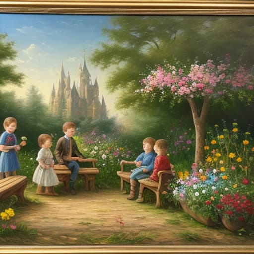  oil painting, fantasy, in the center are there five kids playing.they are surronded by flowers and trees. two Patents are sitting in the right sie on a bench