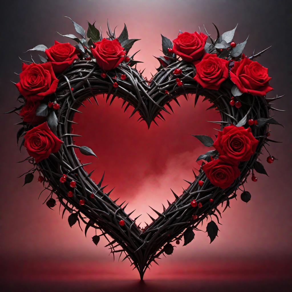  An image representing the concept of 'Love and Pain'. It should depict a heart intertwined with thorns, symbolizing the contrast between love and pain. The color scheme should include shades of red for love and black for pain, creating a visually striking and emotional composition. hyperrealistic, full body, detailed clothing, highly detailed, cinematic lighting, stunningly beautiful, intricate, sharp focus, f/1. 8, 85mm, (centered image composition), (professionally color graded), ((bright soft diffused light)), volumetric fog, trending on instagram, trending on tumblr, HDR 4K, 8K