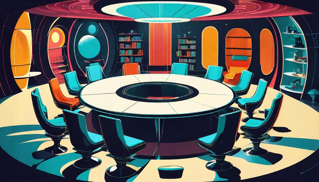  retro futuristic A round table illuminated from above, many chairs filled, one empty, suggesting inclusivity and opportunity for new voices. Inclusion, harmony, shared wisdom. lvintage sci fi, 50s and 60s style, atomic age, vibrant, highly detailed