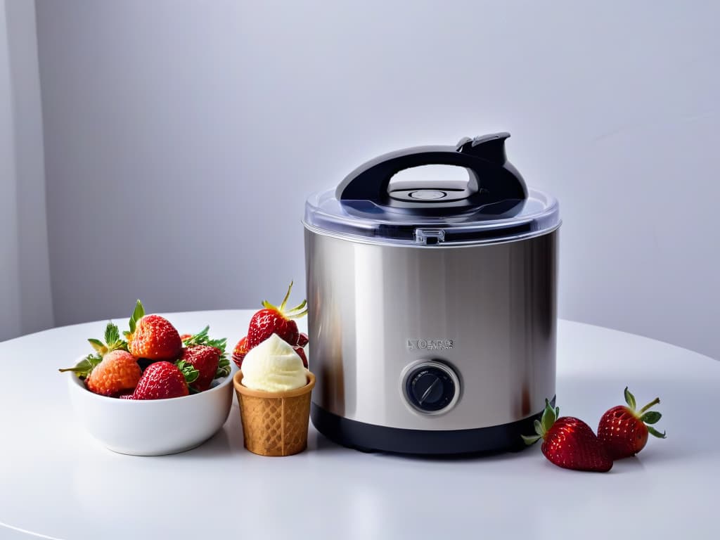  A sleek, minimalistic image of a stainless steel gourmet ice cream maker sitting on a pristine marble countertop, surrounded by fresh ingredients like vanilla beans, ripe strawberries, and rich dark chocolate. The machine's polished surface reflects the soft glow of overhead lighting, creating an elegant and luxurious ambiance that inspires homemade gourmet ice cream creations. hyperrealistic, full body, detailed clothing, highly detailed, cinematic lighting, stunningly beautiful, intricate, sharp focus, f/1. 8, 85mm, (centered image composition), (professionally color graded), ((bright soft diffused light)), volumetric fog, trending on instagram, trending on tumblr, HDR 4K, 8K