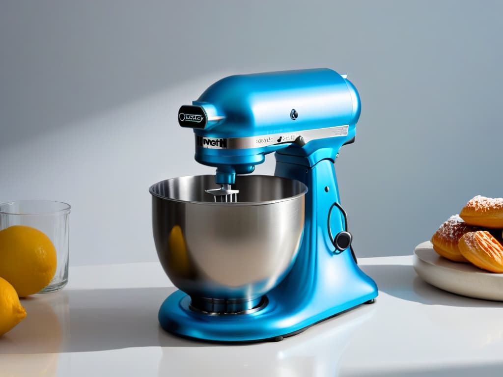  A minimalist, ultradetailed closeup image of a sleek, highend stand mixer in a luxurious kitchen setting. The mixer, with a glossy metallic finish, is shown in the midst of whipping up a cloud of fluffy meringue, captured in exquisite detail that highlights the intricate design of the machine and the glossy peaks of the meringue. The background is a soft focus to emphasize the elegance of the mixer and the artistry of the pastry creation, creating a visually captivating and aspirational image for the article on premium pastry equipment brands. hyperrealistic, full body, detailed clothing, highly detailed, cinematic lighting, stunningly beautiful, intricate, sharp focus, f/1. 8, 85mm, (centered image composition), (professionally color graded), ((bright soft diffused light)), volumetric fog, trending on instagram, trending on tumblr, HDR 4K, 8K