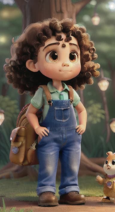  {The tree shining brightly and releasing a gentle, magical light., Riley, a curious with big brown eyes and curly hair, wearing overalls and carrying a small backpack. Their friend, Skye, a bluebird with shiny feathers.