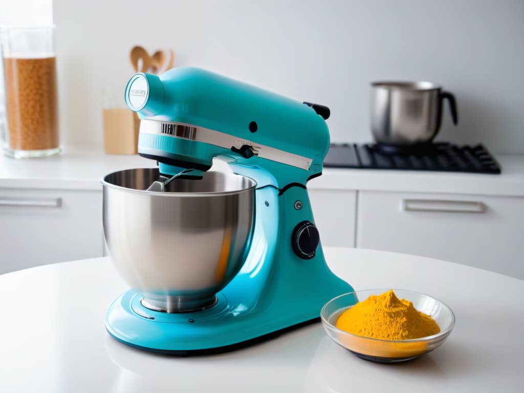  A sleek, minimalist kitchen countertop showcasing a stateoftheart highend stand mixer, a precision digital kitchen scale, and an elegant set of stainless steel measuring spoons. The appliances gleam under soft, natural lighting, exuding a sense of precision and sophistication in a modern baking setting. hyperrealistic, full body, detailed clothing, highly detailed, cinematic lighting, stunningly beautiful, intricate, sharp focus, f/1. 8, 85mm, (centered image composition), (professionally color graded), ((bright soft diffused light)), volumetric fog, trending on instagram, trending on tumblr, HDR 4K, 8K