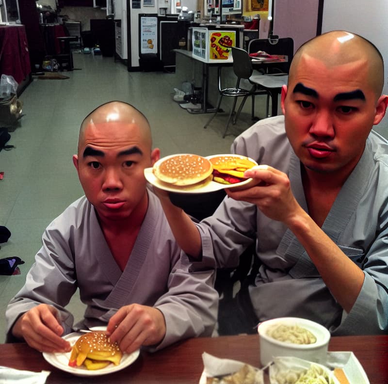  monje shaolin comiendo hamburguesa