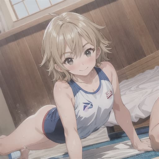  master piece , best quality,A female swimming coach strips in the changing room and has sweaty, intense with a young boy. hair, sunburn, smile, bed shota