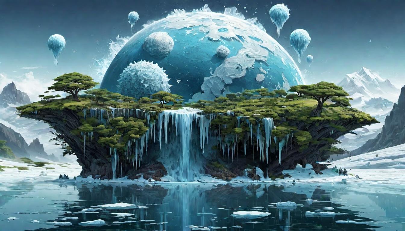  digital illustration, Planet with melting ice caps, disrupted weather patterns, wilting plants and dying animals, imbalance, harm, ecological disruption, looking at viewer, dynamic pose, (intricate details, masterpiece, best quality)