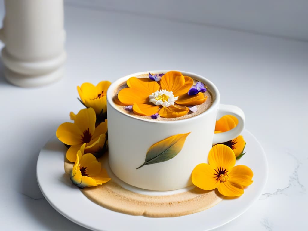  A closeup, ultradetailed image of a delicate espresso cup adorned with vibrant edible flowers and intricate latte art, set against a sleek, modern backdrop of a marble table. The rich crema of the espresso contrasts beautifully with the colorful petals, creating a visually stunning and harmonious composition that evokes sophistication and creativity in the fusion of coffee and unexpected flavors. hyperrealistic, full body, detailed clothing, highly detailed, cinematic lighting, stunningly beautiful, intricate, sharp focus, f/1. 8, 85mm, (centered image composition), (professionally color graded), ((bright soft diffused light)), volumetric fog, trending on instagram, trending on tumblr, HDR 4K, 8K