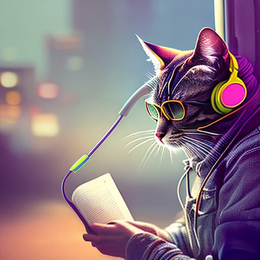 nvinkpunk Realistic image of a cat wearing headphones and reading glasses while riding a bus. hyperrealistic, full body, detailed clothing, highly detailed, cinematic lighting, stunningly beautiful, intricate, sharp focus, f/1. 8, 85mm, (centered image composition), (professionally color graded), ((bright soft diffused light)), volumetric fog, trending on instagram, trending on tumblr, HDR 4K, 8K