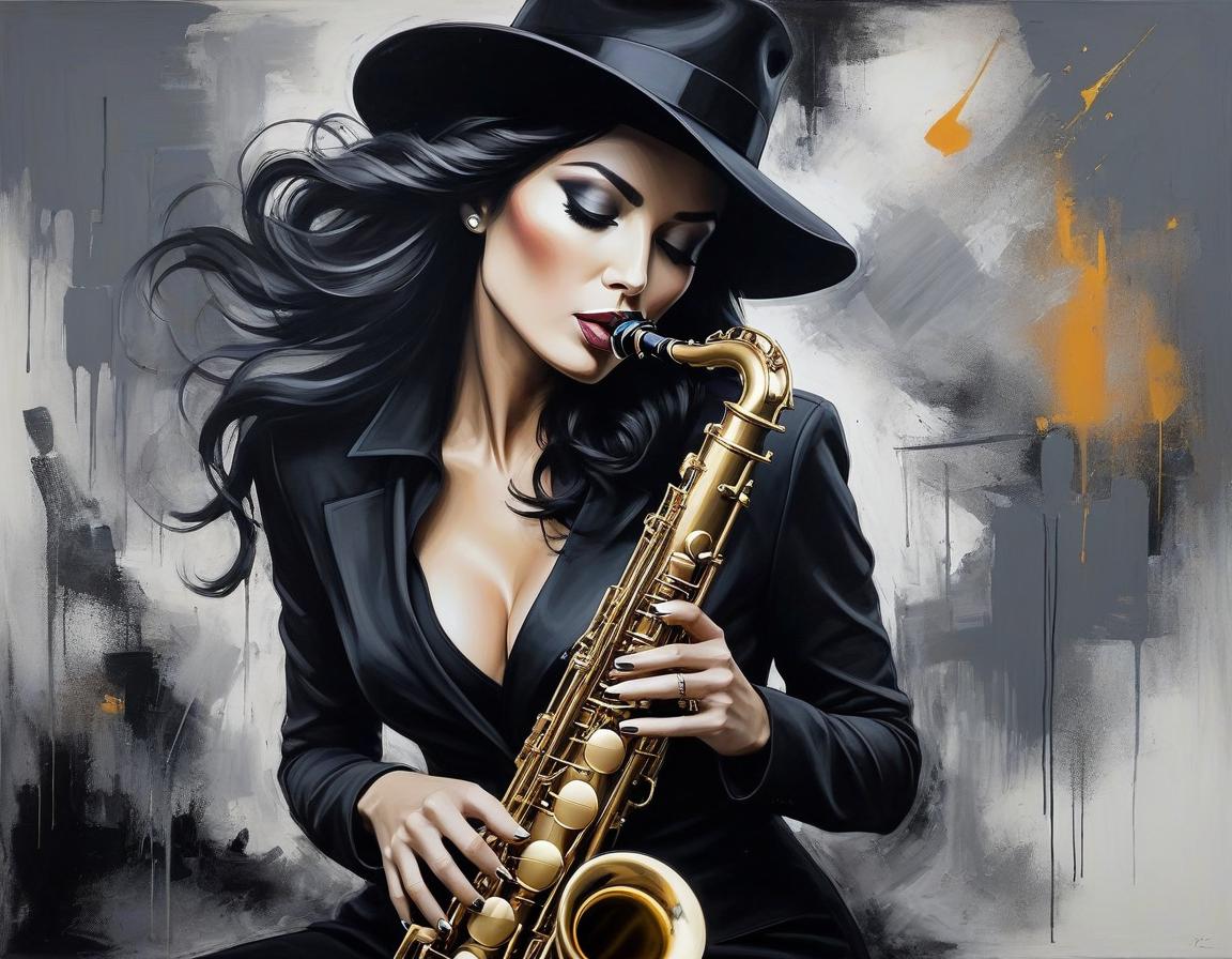  abstract expressionist painting An exquisite depiction of woman in a black hat playing the saxophone, with Louis Jover and Drew Darcy inspired style. The artwork is highly detailed, elegant, and intricate, featuring dynamic lighting and imperial colors. It is a stunning piece with a surreal and ultra realistic touch, created using oil on canvas with a focus on sharp details . energetic brushwork, bold colors, abstract forms, expressive, emotional hyperrealistic, full body, detailed clothing, highly detailed, cinematic lighting, stunningly beautiful, intricate, sharp focus, f/1. 8, 85mm, (centered image composition), (professionally color graded), ((bright soft diffused light)), volumetric fog, trending on instagram, trending on tumblr, HDR 4K, 8K