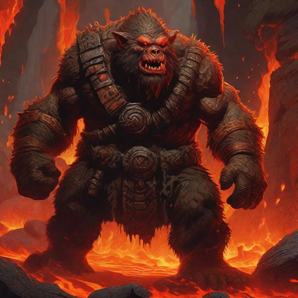  masterpiece, best quality, dnd, bugbear, holding, two flaming scimatars, standing,underground ,stalactites ,lava, masterpiece,top quality, best quality, 8k resolution