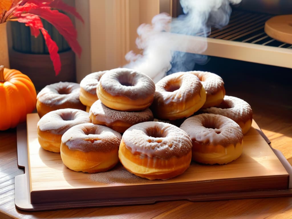  A closeup, ultradetailed image of freshly baked apple cider donuts coated in a cinnamon sugar glaze, with steam rising from their warm surface. The donuts are arranged on a rustic wooden table, surrounded by fallthemed decorations like pumpkins, colorful leaves, and a steaming cup of apple cider. The sunlight filters through a nearby window, casting a soft, warm glow on the scene, highlighting the delicious textures and autumnal colors of the treats. hyperrealistic, full body, detailed clothing, highly detailed, cinematic lighting, stunningly beautiful, intricate, sharp focus, f/1. 8, 85mm, (centered image composition), (professionally color graded), ((bright soft diffused light)), volumetric fog, trending on instagram, trending on tumblr, HDR 4K, 8K