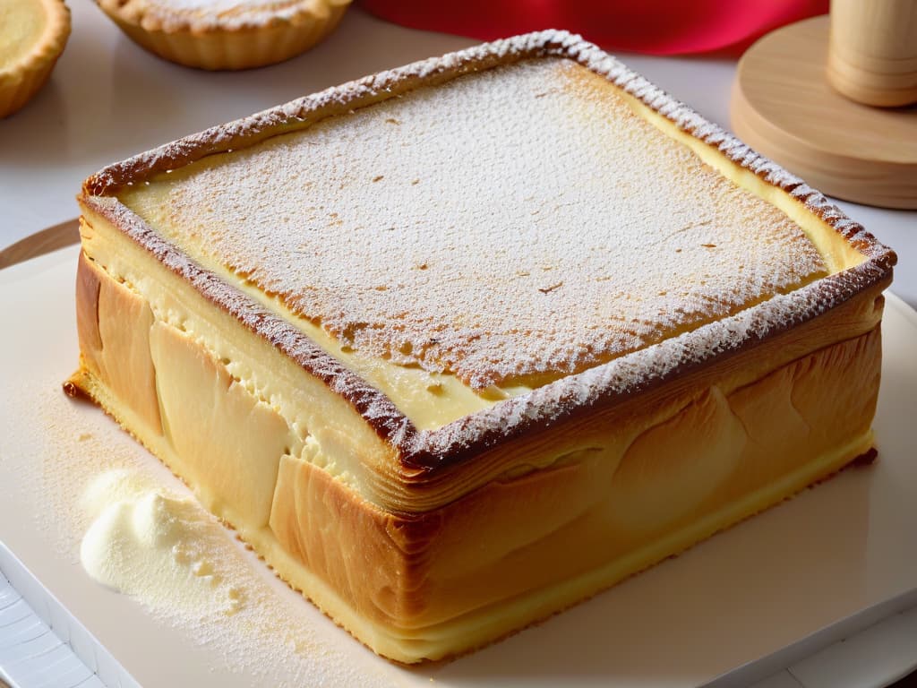  An ultradetailed closeup image of a freshly baked Pastel de Belém, showcasing its flaky, goldenbrown crust sprinkled with cinnamon and powdered sugar. The layers of creamy custard inside are visible, with a hint of steam rising from the perfectly baked dessert. The intricate patterns on the pastry's surface glisten under warm lighting, inviting viewers to savor the traditional Portuguese treat. hyperrealistic, full body, detailed clothing, highly detailed, cinematic lighting, stunningly beautiful, intricate, sharp focus, f/1. 8, 85mm, (centered image composition), (professionally color graded), ((bright soft diffused light)), volumetric fog, trending on instagram, trending on tumblr, HDR 4K, 8K