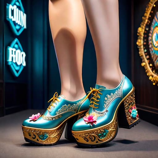  Subject detail: the image depicts a Highly detailed ornate shoe with chunky soles, The shoe is covered in soft, luxurious materials. Art style: in the mixed art style of Buffalo London, Irregular Choice, and Osamu Tezuka. Medium: This artwork is highly detailed and photorealistic. hyperrealistic, full body, detailed clothing, highly detailed, cinematic lighting, stunningly beautiful, intricate, sharp focus, f/1. 8, 85mm, (centered image composition), (professionally color graded), ((bright soft diffused light)), volumetric fog, trending on instagram, trending on tumblr, HDR 4K, 8K