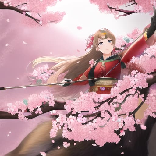  A beautiful legend holding an bow and arrow on targeting the deer background of petal of Cherry blossom 🌸🌸 blowing by wind