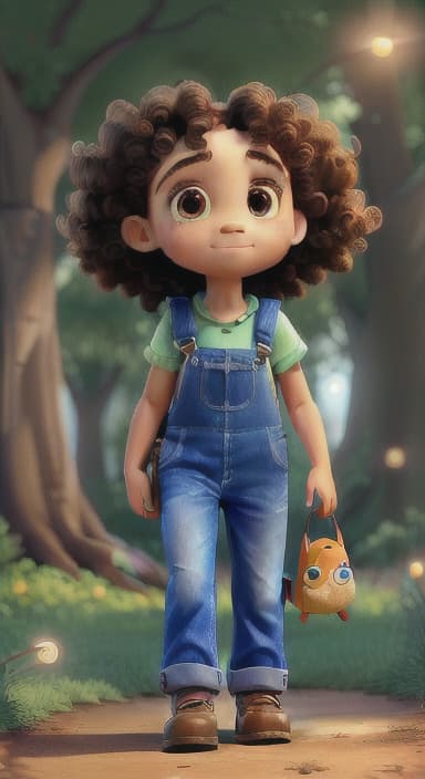  {The tree shining brightly and releasing a gentle, magical light., Riley, a curious with big brown eyes and curly hair, wearing overalls and carrying a small backpack. Their friend, Skye, a bluebird with shiny feathers.