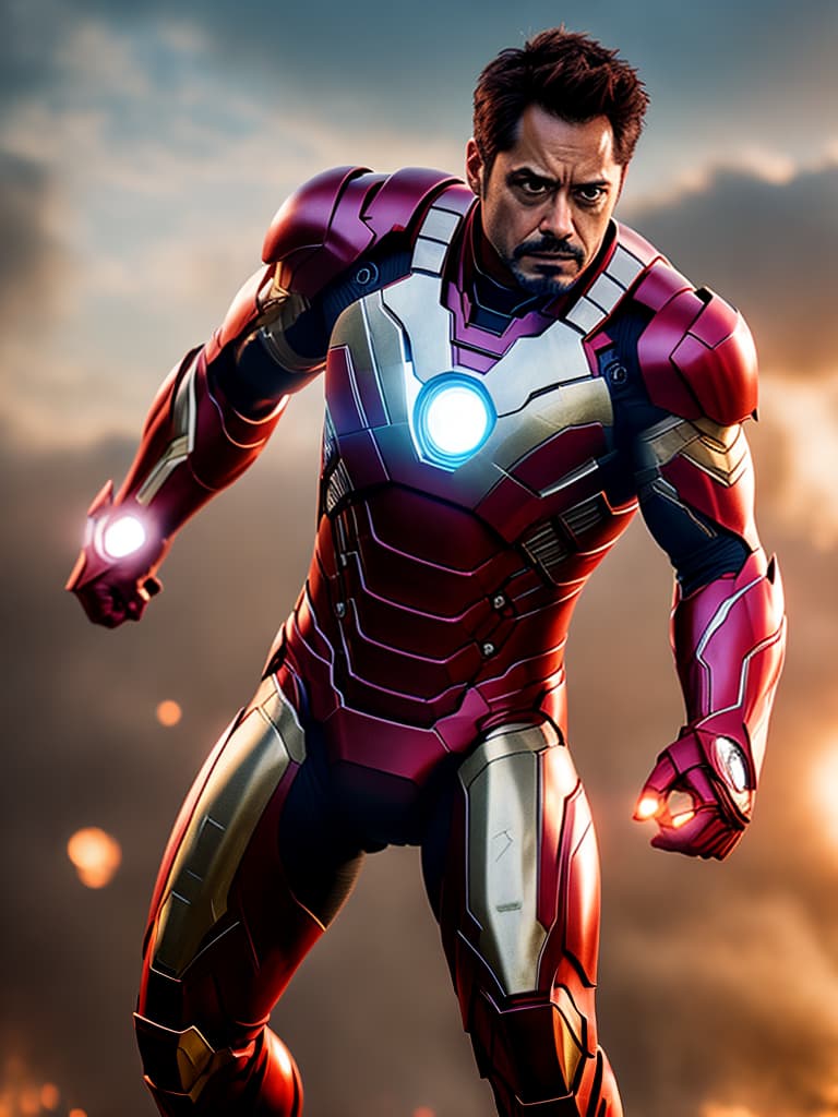  ironman tony stark in cinematic poster hyperrealistic, full body, detailed clothing, highly detailed, cinematic lighting, stunningly beautiful, intricate, sharp focus, f/1. 8, 85mm, (centered image composition), (professionally color graded), ((bright soft diffused light)), volumetric fog, trending on instagram, trending on tumblr, HDR 4K, 8K