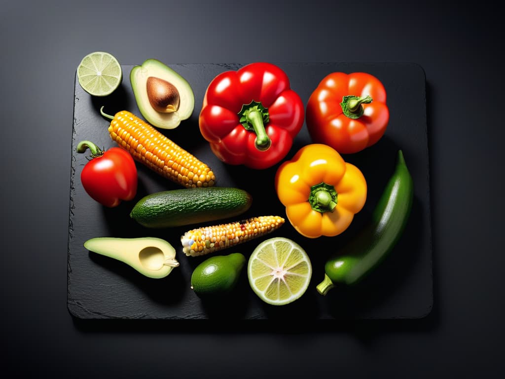  A vibrant and modern image of a colorful array of fresh vegetables such as bell peppers, tomatoes, corn, and avocados, neatly arranged on a sleek black cutting board. The vegetables are impeccably sliced and diced, showcasing their vibrant colors and freshness, with droplets of water glistening on their surfaces, creating a visually appealing and appetizing composition. The image captures the essence of key ingredients essential for preparing delicious vegan carnitas, enticing the viewer with the promise of a flavorful and guiltfree culinary experience. hyperrealistic, full body, detailed clothing, highly detailed, cinematic lighting, stunningly beautiful, intricate, sharp focus, f/1. 8, 85mm, (centered image composition), (professionally color graded), ((bright soft diffused light)), volumetric fog, trending on instagram, trending on tumblr, HDR 4K, 8K