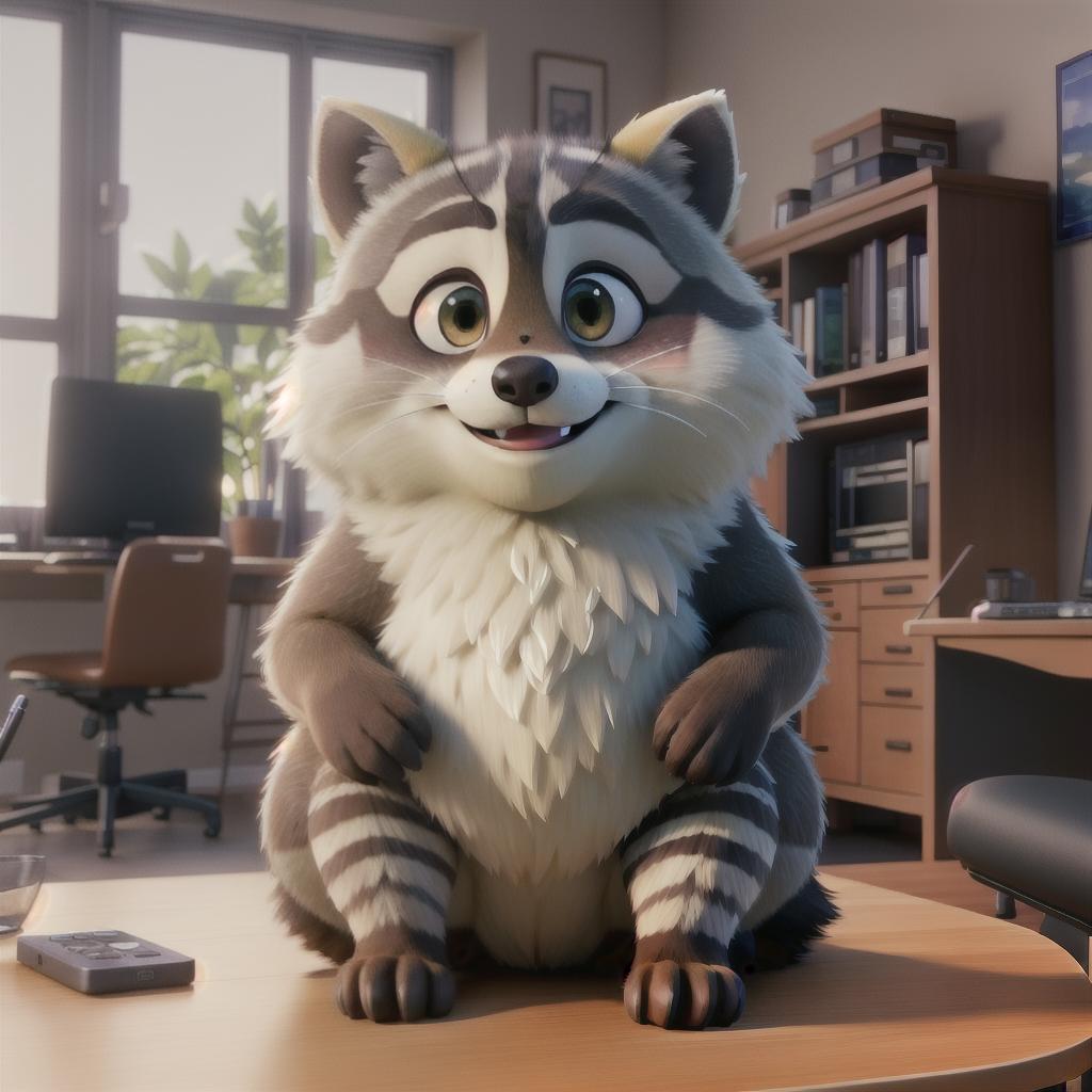  raccoon sitting in gaming chair front a computer on desktop, ((semi anthropomorphic)),(full body), tail, belly, sitting, fat, (chubby), (((white background))), solo, desktop, gaming chair, side view,  [[[clothes]]] hyperrealistic, full body, detailed clothing, highly detailed, cinematic lighting, stunningly beautiful, intricate, sharp focus, f/1. 8, 85mm, (centered image composition), (professionally color graded), ((bright soft diffused light)), volumetric fog, trending on instagram, trending on tumblr, HDR 4K, 8K