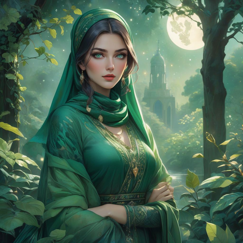  retro game art In a garden of emerald, a vision serene, A lady in green, a living dream. A headscarf of jade, gracefully tied, Like nature's embrace, where beauty resides. Her eyes, deep pools of verdant grace, Reflect the hues of a tranquil space. In shades of moss, her attire weaves, A tapestry of calm, like rustling leaves. mystical watercolor painting girl with deep green eyes, green head scarf and shawl, at mysticaldark deep dark black night, full moon, stars, flow, watercolor, detailed matte painting, deep color, fantastical, intricate detail, splash screen, complementary colors, fantasy concept art, 8k resolution trending on Artstation Unreal Engine 5 . 16 bit, vibrant colors, pixelated, nostalgic, charming, fun hyperrealistic, full body, detailed clothing, highly detailed, cinematic lighting, stunningly beautiful, intricate, sharp focus, f/1. 8, 85mm, (centered image composition), (professionally color graded), ((bright soft diffused light)), volumetric fog, trending on instagram, trending on tumblr, HDR 4K, 8K