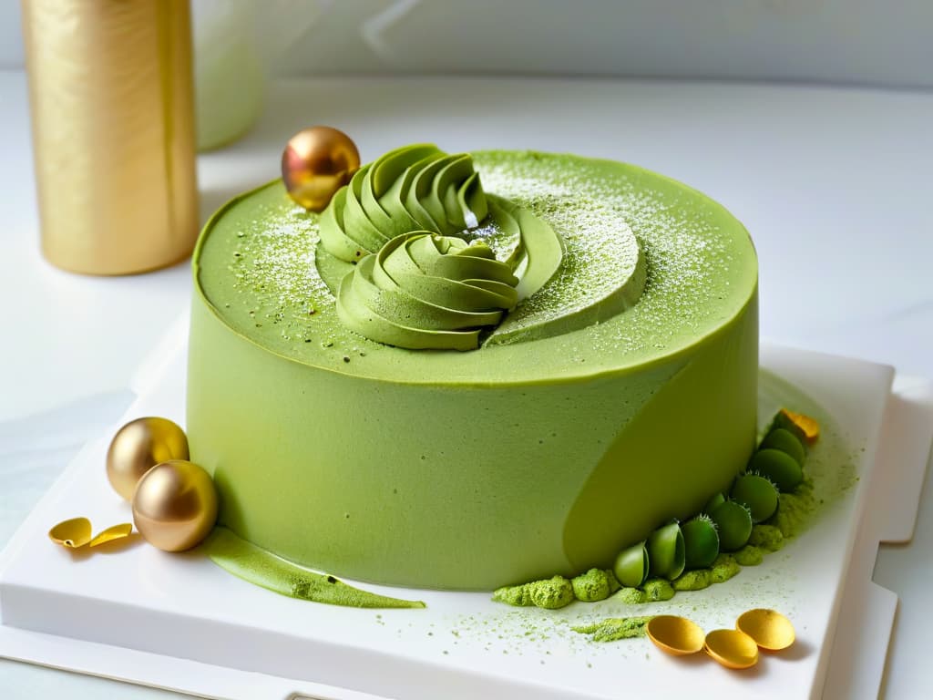  A closeup, ultradetailed image of a delicate and intricately designed matcha green tea mousse cake topped with vibrant green matcha powder dusting and edible gold flakes. The cake is elegantly presented on a sleek, modern white plate against a simple, clean background to emphasize the luxurious and zenlike qualities of the dessert. Each swirl and layer of the mousse is visible, showcasing the craftsmanship and artistry that goes into creating this exquisite matcha dessert. hyperrealistic, full body, detailed clothing, highly detailed, cinematic lighting, stunningly beautiful, intricate, sharp focus, f/1. 8, 85mm, (centered image composition), (professionally color graded), ((bright soft diffused light)), volumetric fog, trending on instagram, trending on tumblr, HDR 4K, 8K