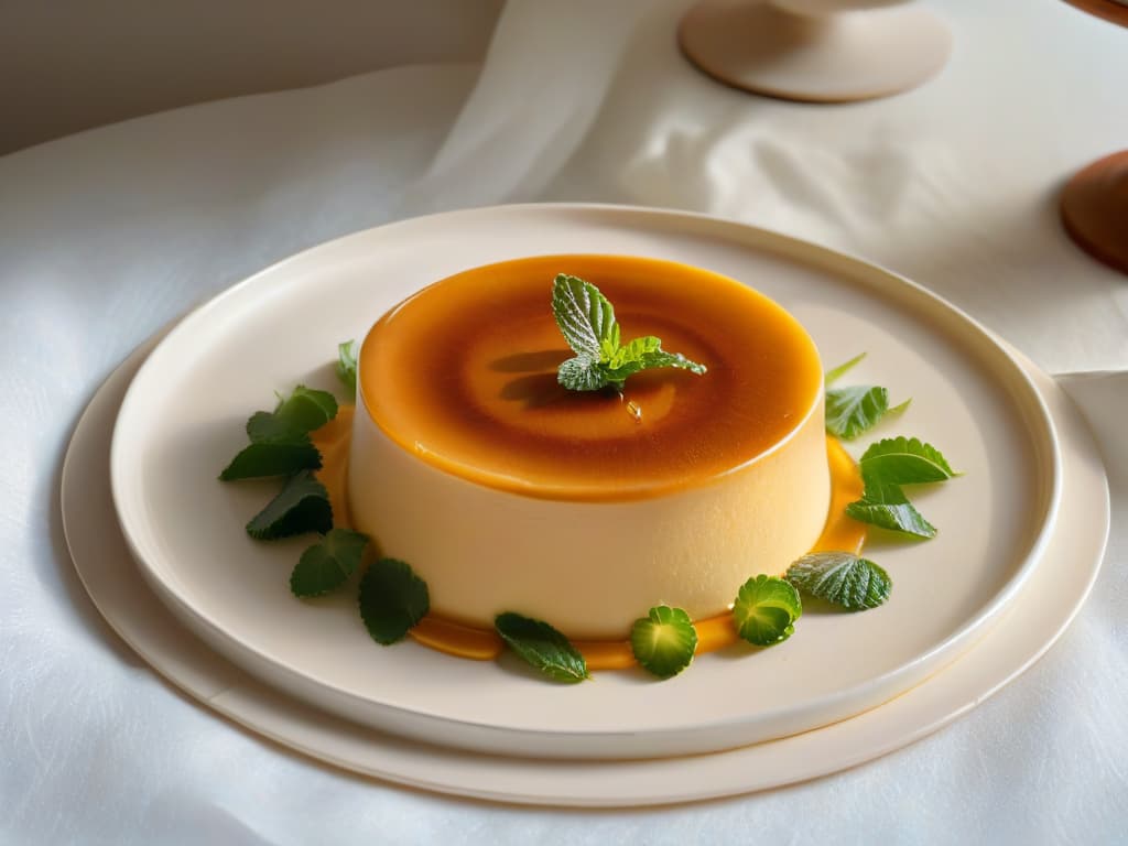  A closeup, photorealistic image of a freshly baked Quesillo Venezolano. The dessert sits on a delicate ceramic plate, showcasing its caramelized top with a glistening sheen. The flan's smooth texture is evident, with a perfect balance of golden color and creamy consistency. The plate is garnished with a few fresh mint leaves, adding a touch of vibrant green to the scene. The background is softly blurred, emphasizing the dessert's exquisite details and inviting the viewer to indulge in its rich, sweet flavors. hyperrealistic, full body, detailed clothing, highly detailed, cinematic lighting, stunningly beautiful, intricate, sharp focus, f/1. 8, 85mm, (centered image composition), (professionally color graded), ((bright soft diffused light)), volumetric fog, trending on instagram, trending on tumblr, HDR 4K, 8K