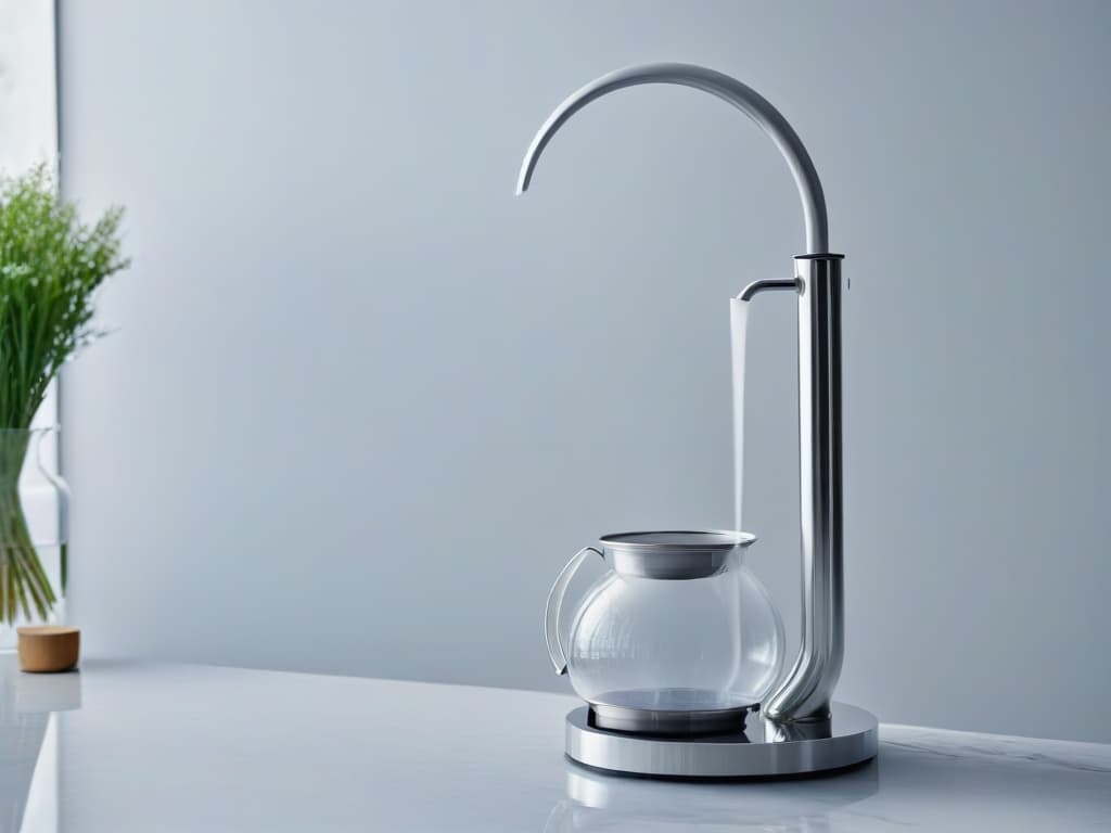  A closeup, ultradetailed image of a sleek, modern kitchen siphon resting on a marble countertop, with soft natural light filtering in to highlight its elegant design. The siphon is gleaming, showcasing its metallic sheen and intricate nozzle, while a hint of steam rises from the top, adding a touch of movement and life to the minimalist composition. hyperrealistic, full body, detailed clothing, highly detailed, cinematic lighting, stunningly beautiful, intricate, sharp focus, f/1. 8, 85mm, (centered image composition), (professionally color graded), ((bright soft diffused light)), volumetric fog, trending on instagram, trending on tumblr, HDR 4K, 8K