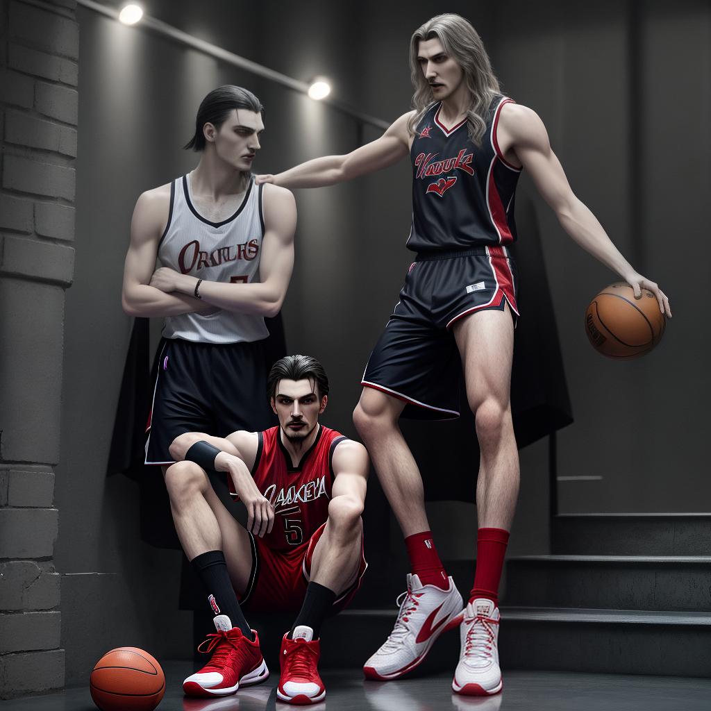  masterpiece, best quality, Vampire Vlad Dracula Țepeș from the series Castlevania, Dressed in a basketball jersey, tank top style top jersey, above knee bottom jersey, the jersey is for the team known as the bats, add bats to the jersey design. Wearing red sneakers on feet. Make vampire Vlad Dracula Țepeș a basketball player. Single person in photo. Pose with Crossed Arms and straight legs. Basketball between the feet.Do not add more than one person. on basketball court balling against a lycan basketball player. Dracula is tall , sevon foot three inches.