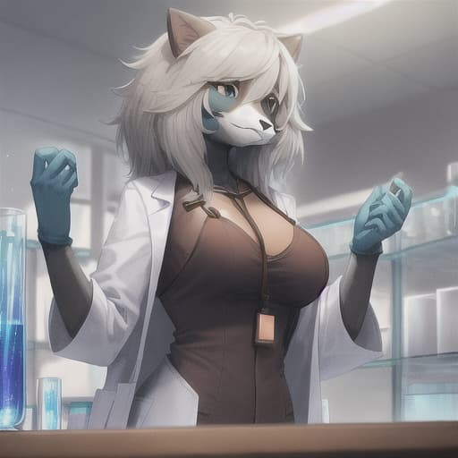  female furry in a lab coat  with straps
