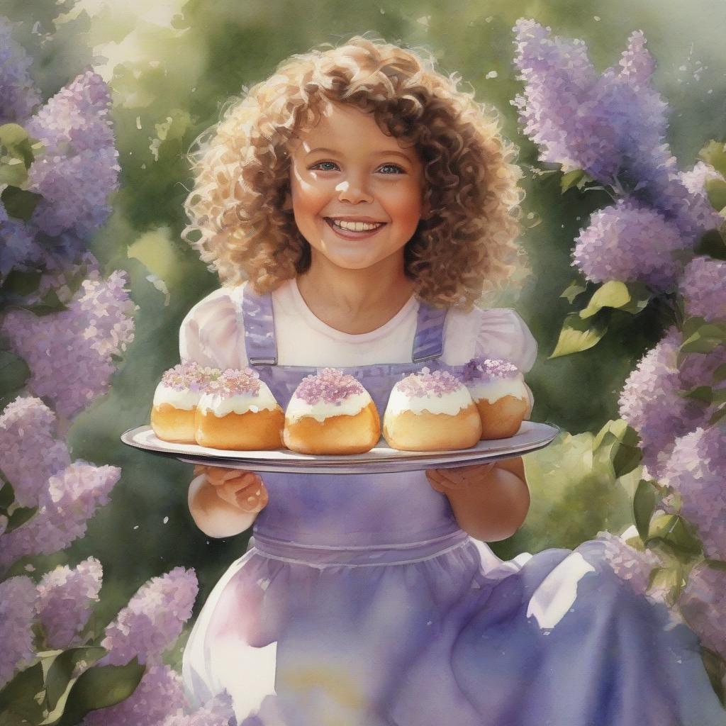  a high quality professional watercolor painting of a cute with curly hair and blue eyes, smiling and holding a cake and eggs in a spring setting with lilac flowers, easter,sun glare, and splashes. Featuring the style of volumetric watercolor, with emphasis on Greg Rutkowsky's hyperdetalisation, sharpening, volume, and clarity. hyperrealistic, full body, detailed clothing, highly detailed, cinematic lighting, stunningly beautiful, intricate, sharp focus, f/1. 8, 85mm, (centered image composition), (professionally color graded), ((bright soft diffused light)), volumetric fog, trending on instagram, trending on tumblr, HDR 4K, 8K