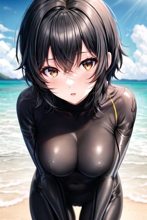  cute anime girl on beach,short black hair,brown eyes,bodysuit,girl, masterpiece, best quality, extremely detailed background, illustration, beautiful detailed, dramatic light, gorgeous eyes, solo
