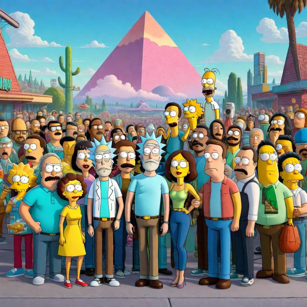  An image featuring characters from 'Rick and Morty', 'Family Guy', 'South Park', 'The Simpsons', and 'Bob's Burgers' all hanging out together in a fun and colorful group scene. hyperrealistic, full body, detailed clothing, highly detailed, cinematic lighting, stunningly beautiful, intricate, sharp focus, f/1. 8, 85mm, (centered image composition), (professionally color graded), ((bright soft diffused light)), volumetric fog, trending on instagram, trending on tumblr, HDR 4K, 8K