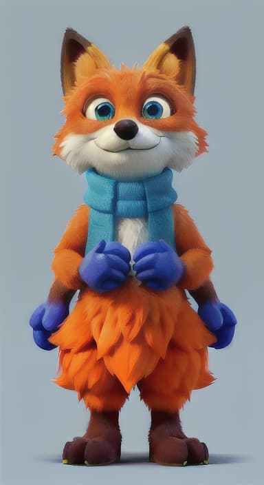  {Error the fox pressing the blue button with his paw, looking puzzled as nothing occurs., Error is a small, bright orange fox with a fluffy tail and big, inquisitive eyes. He has a mischievous yet kind expression and wears a tiny green scarf.