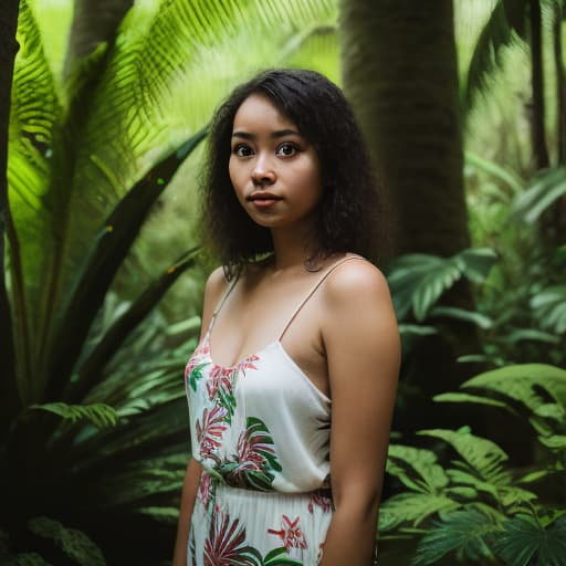  a medium portrait of a woman in a sunny tropical forest, 85mm 1.2 f stop, Canon Mark V