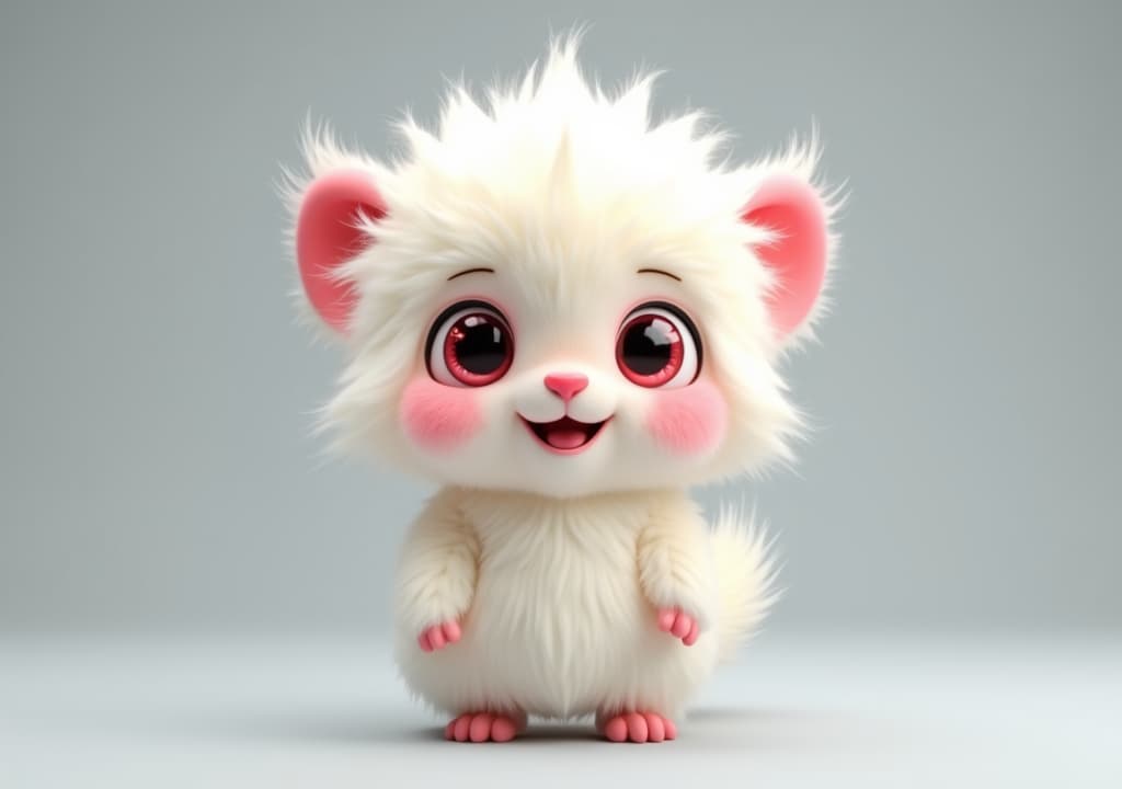  good quality, high quality, adorable fluffy white creature furry with big red eyes, pink cheeks, and playful expression standing against a gray background. cute fantasy character with soft fur and colorful details in 3d style