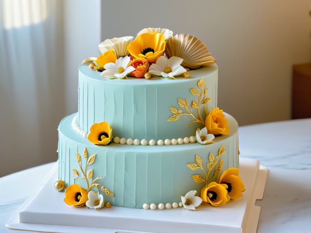  An elegant, minimalistic image of a beautifully decorated tiered cake, featuring intricate piping details, delicate sugar flowers, and gold leaf accents. The cake is displayed on a sleek, marble countertop with soft, diffused lighting that highlights its craftsmanship and artistry. This visually stunning image captures the essence of highend pastry artistry and conveys a sense of sophistication and expertise in the world of pastry and baking. hyperrealistic, full body, detailed clothing, highly detailed, cinematic lighting, stunningly beautiful, intricate, sharp focus, f/1. 8, 85mm, (centered image composition), (professionally color graded), ((bright soft diffused light)), volumetric fog, trending on instagram, trending on tumblr, HDR 4K, 8K