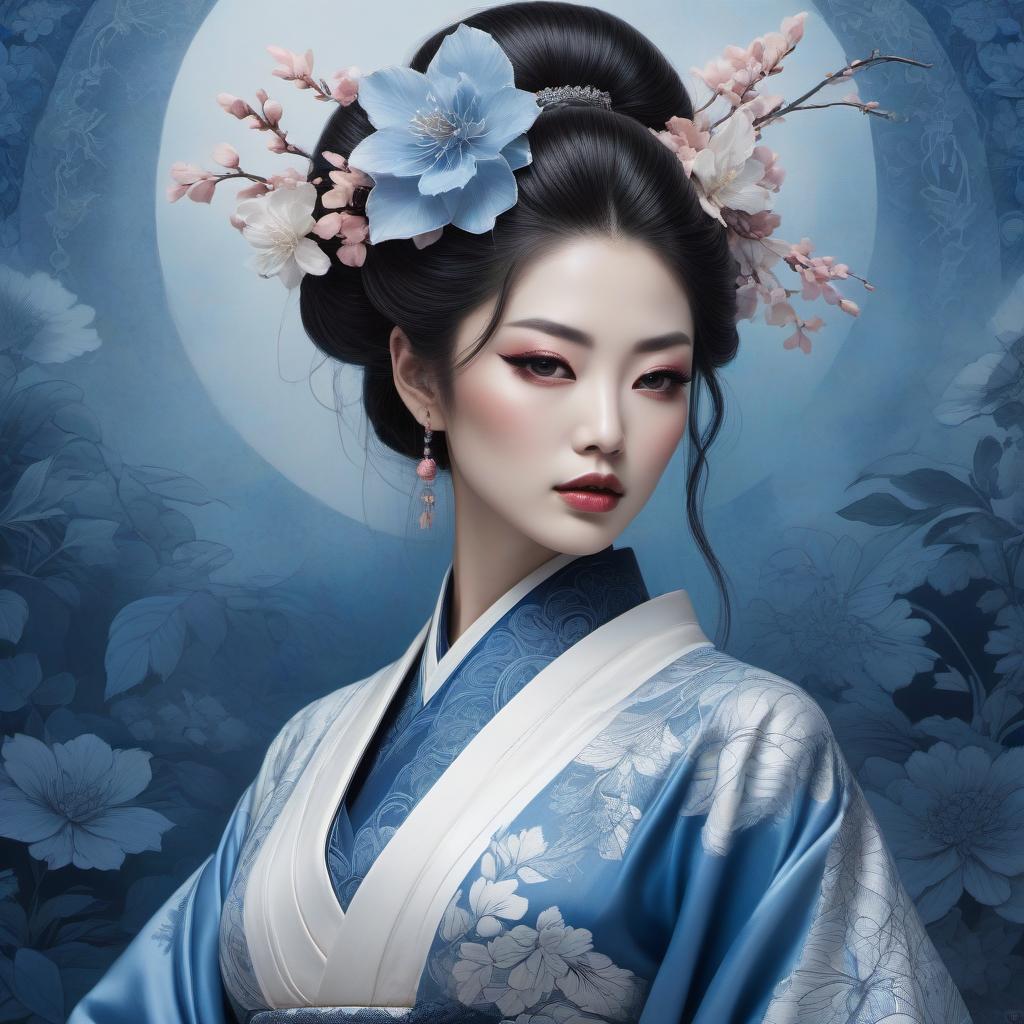  retro game art Envision a portrait of a Japanese geisha, her countenance tinged with sorrow as a single tear trails from her eye. Her abundant hair frames a face with lips painted a soft blue, while her attire is a complex array of traditional garments. The portrait, reminiscent of Anne Stokes' work, is rendered in a whimsical Zentangle style, boasting an intricate cyanotype design that seems to lift from the canvas in a 3D embossed effect. The color palette is a harmonious blend of delft blue and white, enriched with subtle touches of ginger brown and light pink. This piece is a fantasy encapsulated in an 8k resolution masterpiece, a high definition pencil sketch that transitions into line art with pen and ink filigree. The backdrop is a n hyperrealistic, full body, detailed clothing, highly detailed, cinematic lighting, stunningly beautiful, intricate, sharp focus, f/1. 8, 85mm, (centered image composition), (professionally color graded), ((bright soft diffused light)), volumetric fog, trending on instagram, trending on tumblr, HDR 4K, 8K