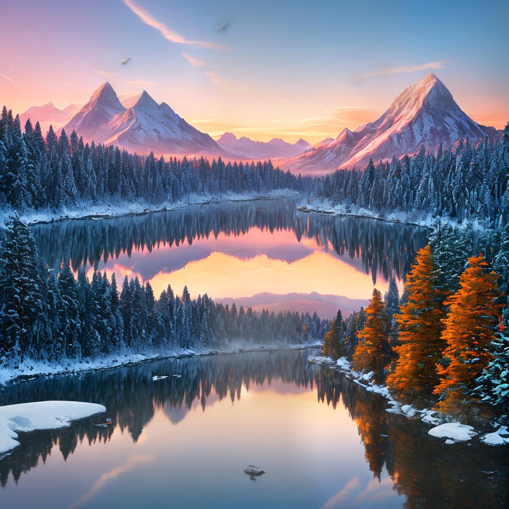  A breathtaking landscape masterpiece with the best quality, 8k resolution, and high detailed, ultra-detailed elements. A serene scene showcasing the beauty of nature. (Mountains covered in snow), (a crystal-clear lake reflecting the colorful sunset sky), (lush green trees swaying in the gentle breeze), (a flock of birds soaring through the air), and (a small wooden cabin nestled among the trees). The scene is bathed in warm golden sunlight, creating a magical ambiance. hyperrealistic, full body, detailed clothing, highly detailed, cinematic lighting, stunningly beautiful, intricate, sharp focus, f/1. 8, 85mm, (centered image composition), (professionally color graded), ((bright soft diffused light)), volumetric fog, trending on instagram, trending on tumblr, HDR 4K, 8K