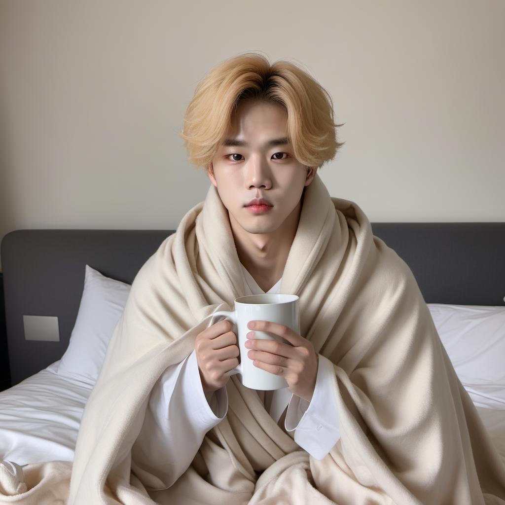  Park Jimin with blond hair sits on the bed, wrapped in a soft blanket, there is a mug of coffee next to him