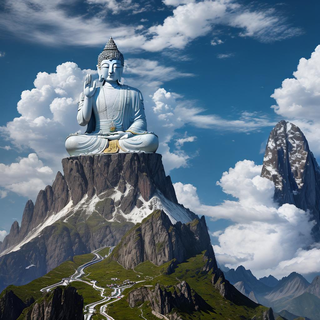  masterpiece, best quality, (fidelity:1.4), best quality, masterpiece, ultra high resolution, 8k resolution, mountain like five fingers, open sky, blue sky and white clouds, Wuzhishan of Buddha