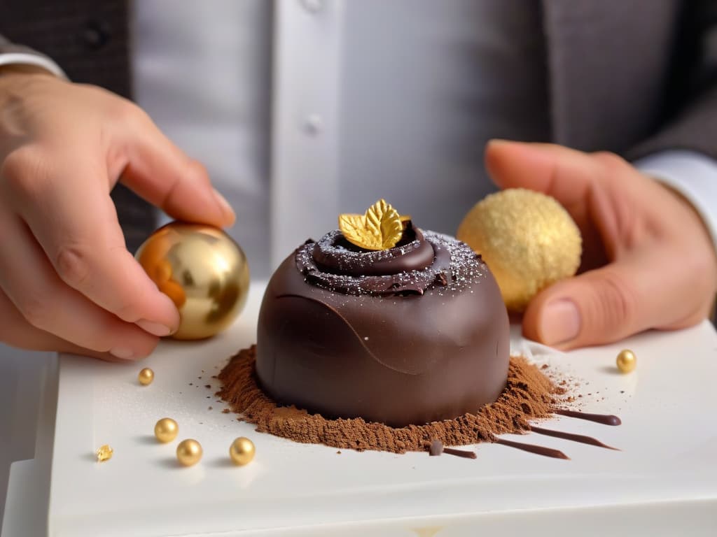  A closeup, ultradetailed image of a hand holding a glossy, perfectly round chocolate truffle, coated in a thin layer of cocoa powder, with tiny specks of gold leaf delicately placed on top. The truffle sits on a marble countertop, showcasing intricate swirls and veins in the stone. The lighting is soft, emphasizing the rich brown color of the truffle and creating a luxurious, professional feel. hyperrealistic, full body, detailed clothing, highly detailed, cinematic lighting, stunningly beautiful, intricate, sharp focus, f/1. 8, 85mm, (centered image composition), (professionally color graded), ((bright soft diffused light)), volumetric fog, trending on instagram, trending on tumblr, HDR 4K, 8K