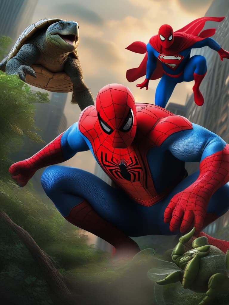  A giant turtle eats Spider-Man and Superman, ((masterpiece)), best quality, very detailed, high resolution, sharp, sharp image, extremely detailed, 4k, 8k