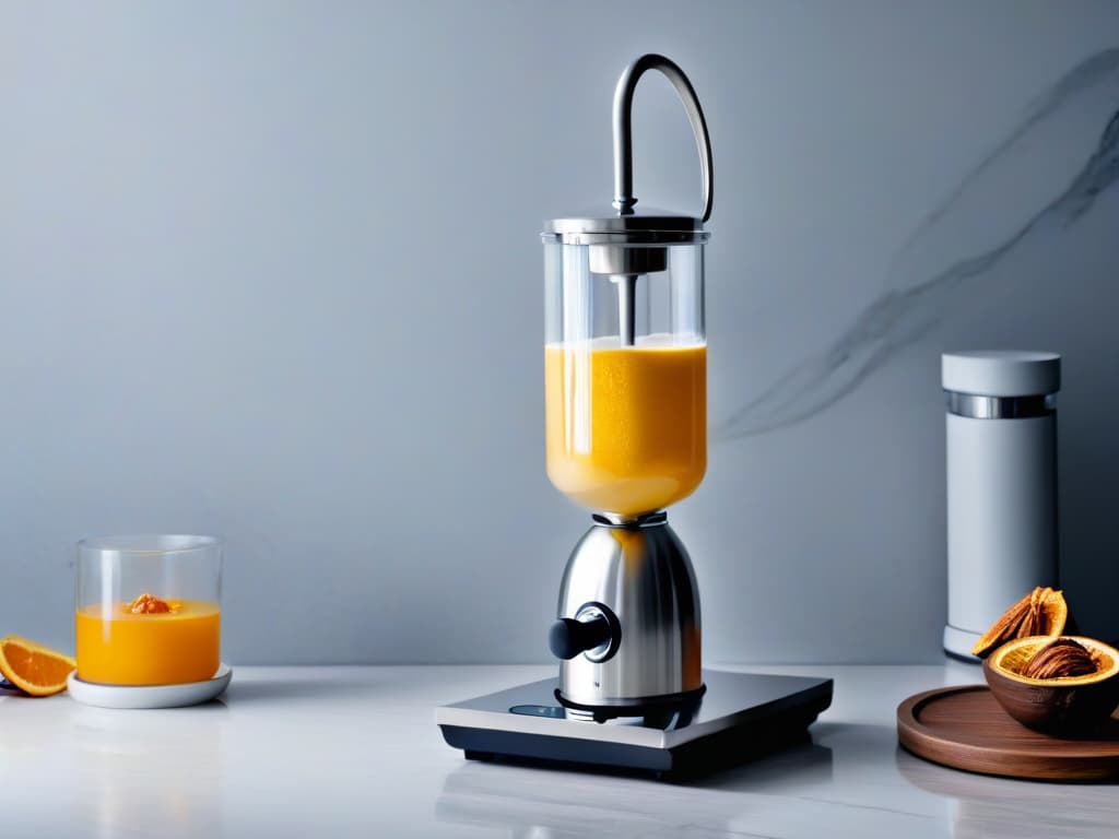  A highresolution, ultradetailed image of a sleek, modern siphon dispenser standing on a pristine white marble countertop. The siphon is made of shiny stainless steel, catching the light to create a stunning reflection. It is filled with a vibrant, creamy dessert mixture, with a dollop resting delicately on the tip of the dispenser. The background is softly blurred, emphasizing the simplicity and elegance of the tool, while a few scattered cocoa beans and vanilla pods add a touch of sophistication to the composition. hyperrealistic, full body, detailed clothing, highly detailed, cinematic lighting, stunningly beautiful, intricate, sharp focus, f/1. 8, 85mm, (centered image composition), (professionally color graded), ((bright soft diffused light)), volumetric fog, trending on instagram, trending on tumblr, HDR 4K, 8K