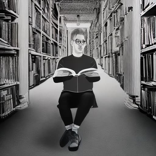 dublex style drawing, b&w, man in glasses, reading book inside a room, nature inside the man